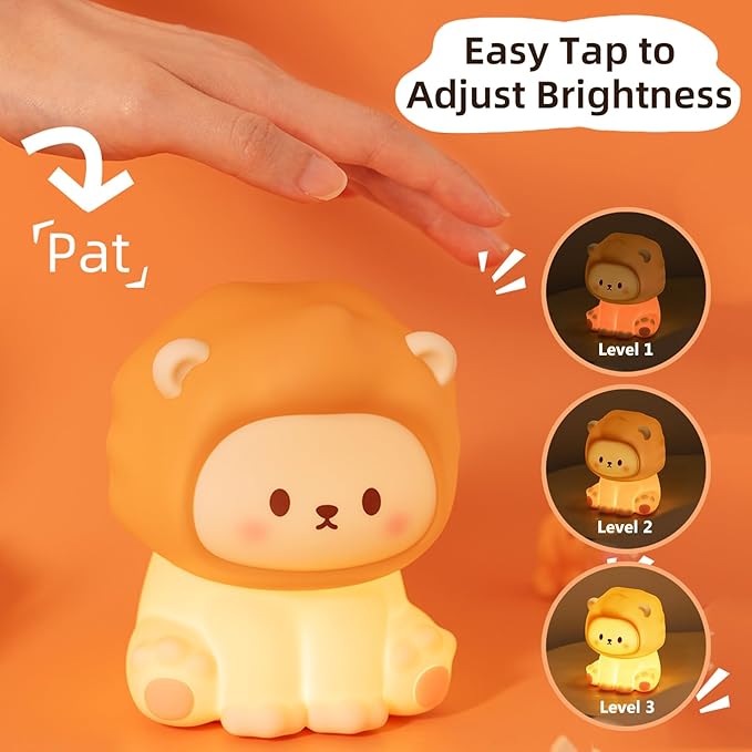 Lion Kids Night Light, Rechargeable Silicone Toddler Night Light with Tap Control, Soft Anti-Glare LED Nursery Lamp, 1200mAh Portable Bedside Lamp for Baby Room Decor