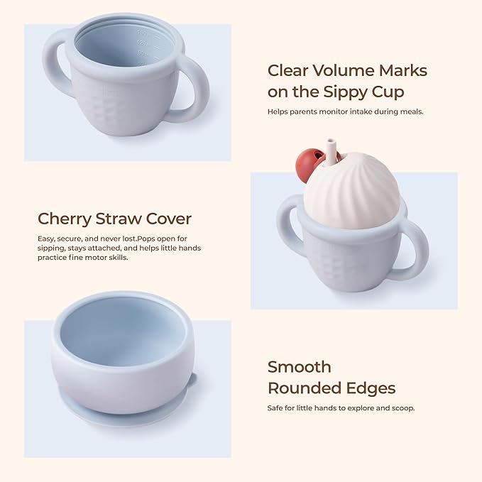 Silicone Baby Feeding Set, Gelato Collection Baby Led Weaning Supplies, First Self-Feeding Ice Cream Set, Silicone Suction Bowl with Cherry Lid & Plate, Straw Cup & Bib, Fork & Spoon