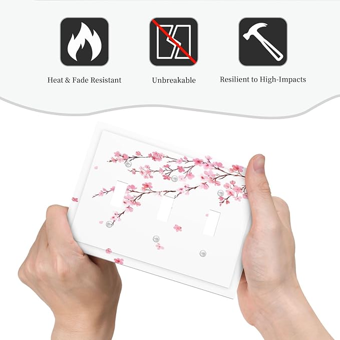 Watercolor Cherry Blossoms Flowers Pink Floral Decorative Switch Plates 3 Gang Wall Plate Triple Toggle Light Switch Cover Faceplate Electrical Wall Panels for Bedroom Living Room Decor