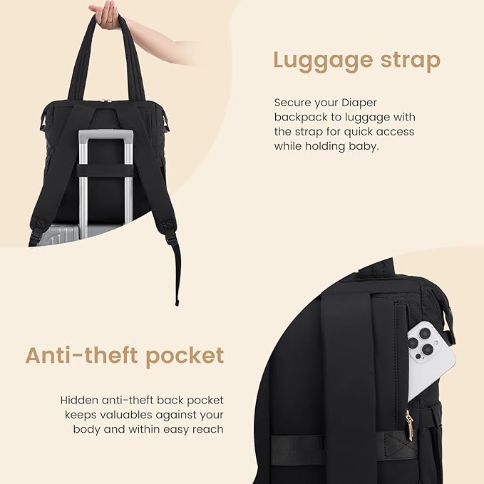 LOVEVOOK Diaper Bag Backpack,Diaper Bag Tote for Mom Dad with Changing Pad,Insulated Pockets, Convertible Mom Backpack with Pacifier Case（Black & Brown）