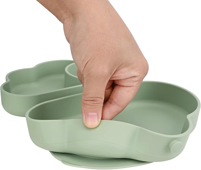 Bebamour Cloud Petal Suction Plate Set Divided Baby Silicone Utensils Tableware Set with Spoons and Forks (Green)