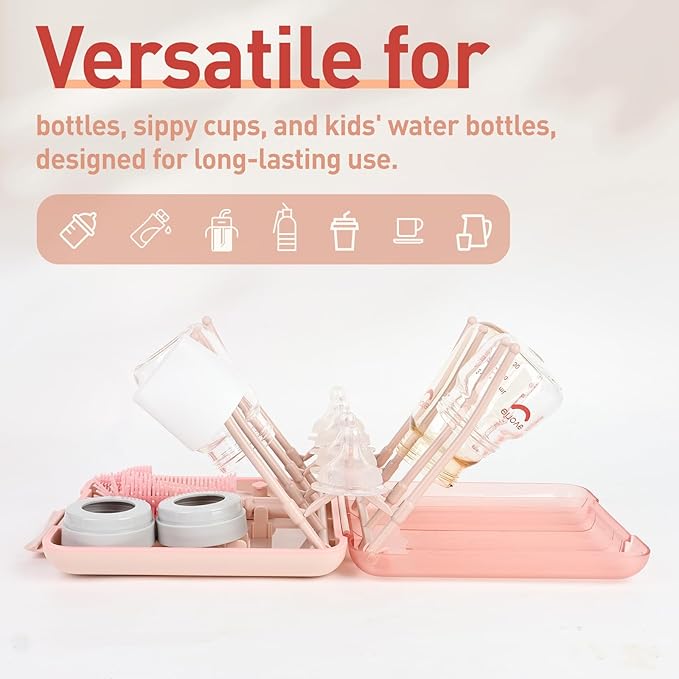 Baby Bottle Brush Set, 6-in-1 Travel Bottle Cleaning Kit with Silicone Bottle Brush, Nipple & Straw Brush, Soap Dispenser, Drying Rack, Storage Box ??Compact Travel Baby Essential for Home & On-The-Go