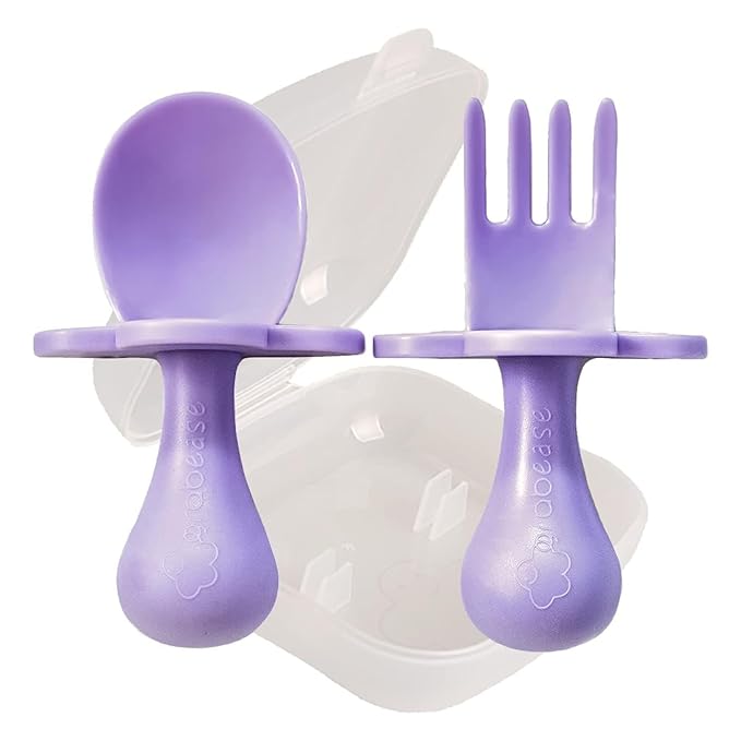 Grabease Baby Feeding Utensil Set - Ergonomic Self-Feeding & Toddler Spoon & Fork - Sturdy Plastic Training Silverware for Toddlers - Travel Pouch & Silverware for 1-Year-Olds - Lavender, Pack of 1