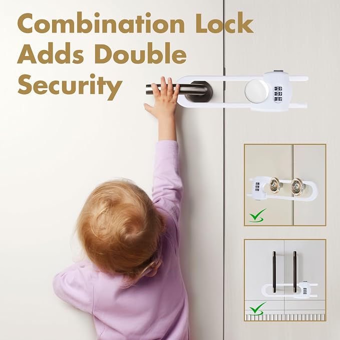 4 Pack Cabinet Locks Baby Proofing Upgrade Child Proof Cabinet Lock Adjustable U-Shaped Code Locks Sliding Cabinet Door Lock Latches Set for Cupboard Knob Handle Drawers Closet (White)