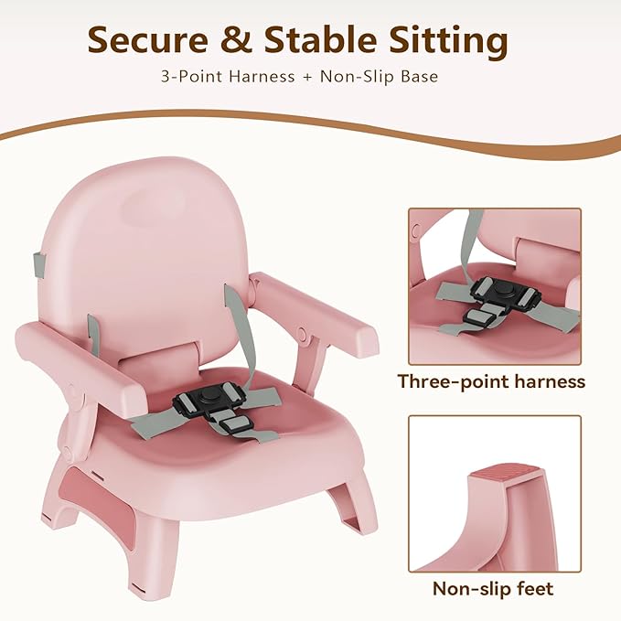 Booster Seat for Kitchen Chair, 3-in-1 Foldable & Portable Booster Seat with Tray, Extra Dishwasher-Safe Tray, Safety Straps for 6??8M (Up to 30 lbs), for Dining Table, Travel & Camping, Pink