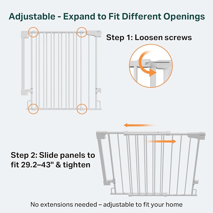 Cumbor 29.2–43" Baby Gate for Stairs, Hardware Mounted (Drill Required), Expandable No Bottom Bar Dog Gate, Auto Close Extra Wide Walk Thru, Pet & Toddler Proof Gate, Top & Bottom of Stairways (White)