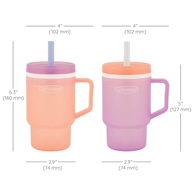 Infantino My 1st Tumbler, 10 Oz. Durable Plastic Sippy Cup with Silicone Leak-Resistant Straw & Handle, for On-the-Go, BPA-Free Transition Cup, Seashell & Lavender, 2-Pack