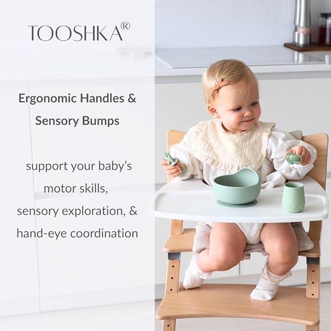 Tooshka® Baby Utensil Set (3 pcs) - Self Feeding Spoons and Tiny Cup - Silicone & BPA Free - Baby-Led Weaning (BLW) Supplies - Ages 6+ Months - Pink Baby Cup & Utensils