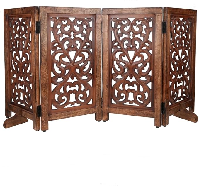 Decorative Wooden Pet Gate, Dog Fence, Cat Gate, Foldable, Adjustable, Portable, Extra-Wide, Wooden Dog Barrier, Free-Standing Puppy Gate 4 Panels for Indoor, Doorways, Stairs-26x52 Inch Burnt Antique