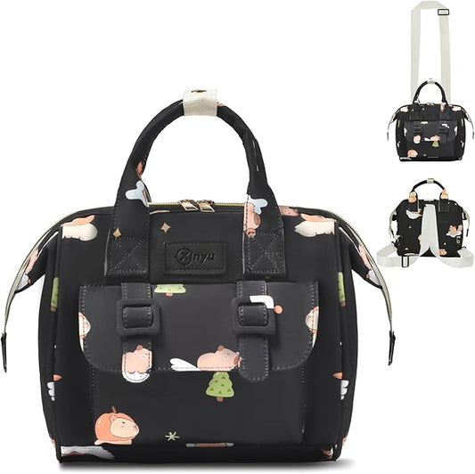 Small Diaper Bag Crossbody with Multi-Pocket, 4 in 1 Mini Travel Mommy Tote w/ Shoulder for Stroller, Small Toddler Daiper Backpack with Insulated Pockets, Compact Baby Bag for Mom (Black Animal)
