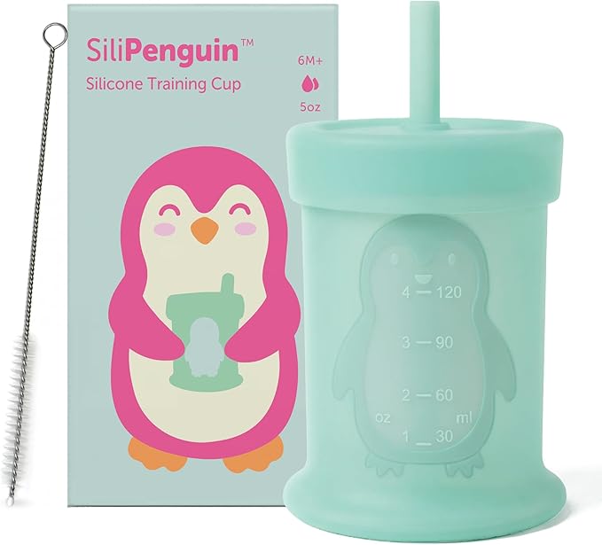Silipint Penguin Training Cup for Babies with Straw Lid - Weaning Friendly Sippy Cup in Soft Food-Grade Silicone for 6+ Months Toddlers Giving Spill Resistance - Transparent Green Toddler Cup in 5oz