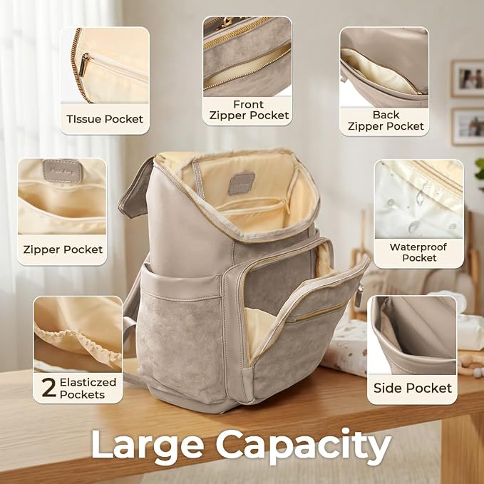 miss fong Diaper Bag Backpack - Large Diaper Bag Backpack Baby Backpack Suede Diaper Backpack with 14 Pockets, Pañaleras Para Bebe with Waterproof Wet Pocket Luggage Sleeve for Mom Dad-Taupe