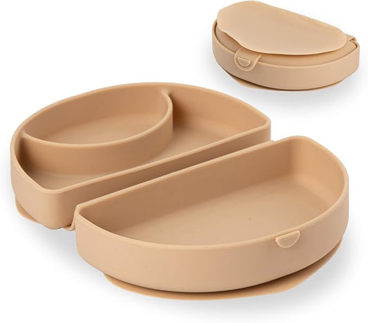 Miniware Baby Plate with Suction, Foldable Silicone Toddler Plate for Travel, Baby Suction Plate, Dishwasher Safe, BPA Free, Self Feeding Silicone Plate for Babies & Toddlers, Almond Butter Silifold