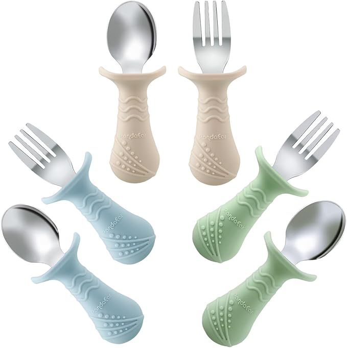 PandaEar Baby Toddler Fork and Spoon Utensil Set, 6 Pack Silicone Stainless Steel Silverware Spoon Fork for Babies Toddler, BPA Free with Silicone Holding Anti-Choke Design (Green Blue Brown)