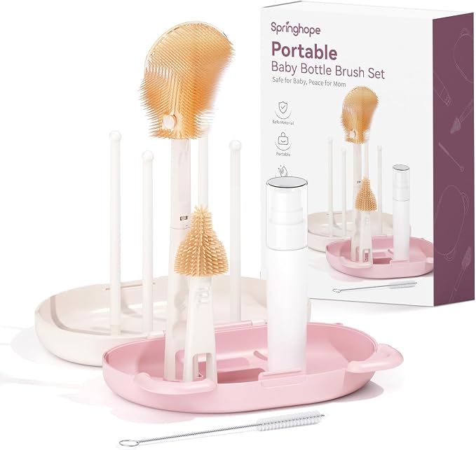Portable Baby Bottle Clean Brush Set, Lightweight Ultra-Thin Storage Box, Includes Bottle Brush, Pacifier Brush, Soap Dispenser, Straw Brush, Drying Rack, Storage Box, Easy Clean