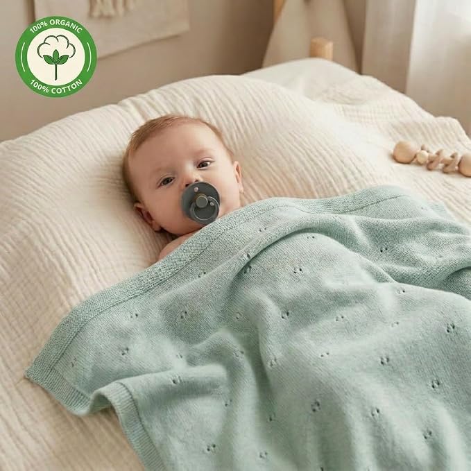 100% Organic Cotton Pointelle Knit Baby Boy Quilt – Lightweight, Breathable Swaddle Blanket for Newborns | Baby Registry Essential & Gift (Roman Green)