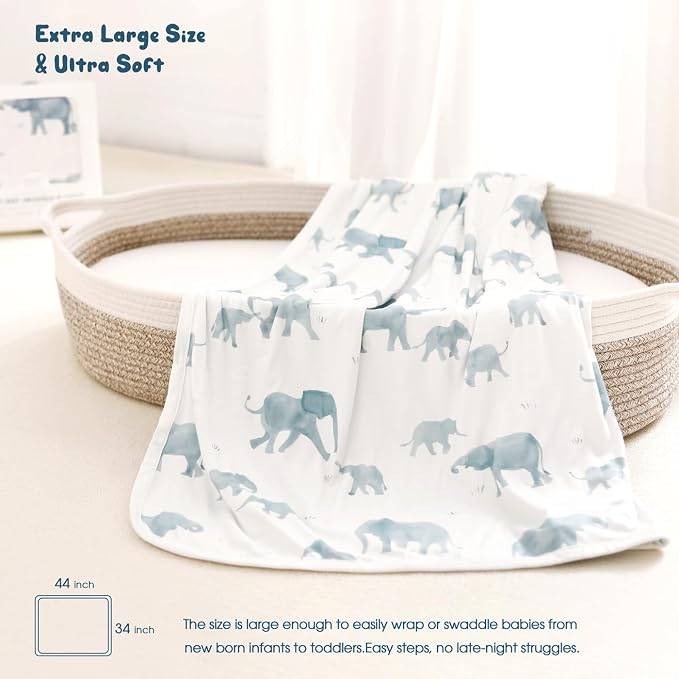 GRSSDER Baby Blankets Super Soft Jersey Knit Swaddle Blanket for Baby Girls and Boys, Double Layer Receiving Blankets 34 x 44 Inches, Extra Large for Baby Swaddling, Cute Elephant