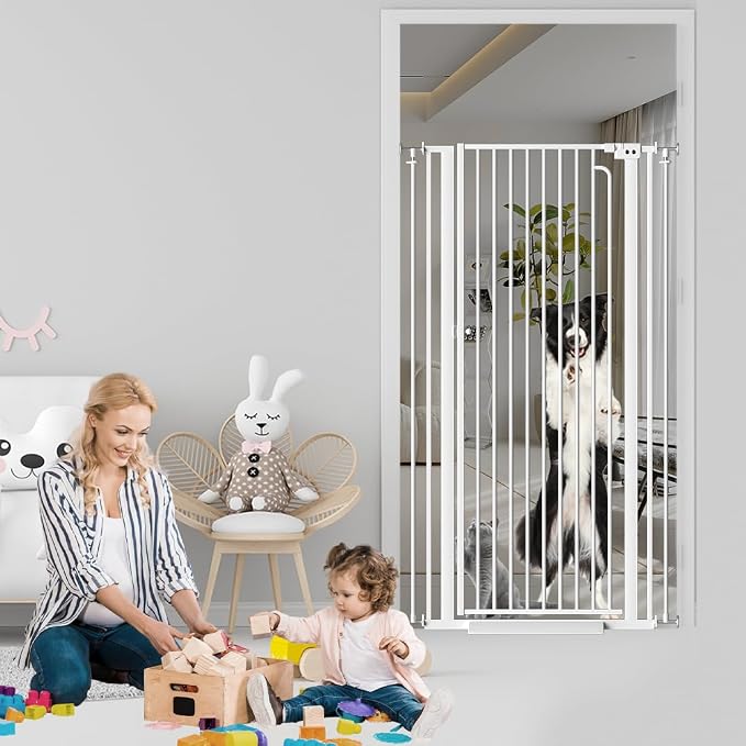 57" Extra Tall Cat Gate, 43.3"-48.0" Wide Pet Gate for Doorway, Pressure Mounted Tall Baby Gate with Door, Walk Through Dog Gate Indoor Stairs, Auto Close Cat Safety Gates, White