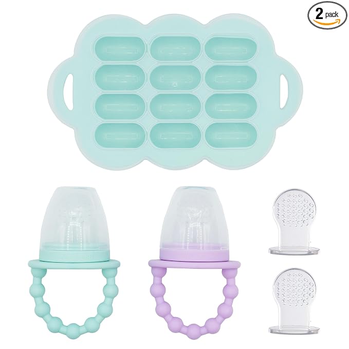 WeeSprout Silicone Baby Food Feeders + Freezer Tray for Batch Prep, Set of 2, Introduce New Foods Safely, Double as Teething Toys, Includes 2 Extra Pouches & Travel Lids, Dishwasher Safe