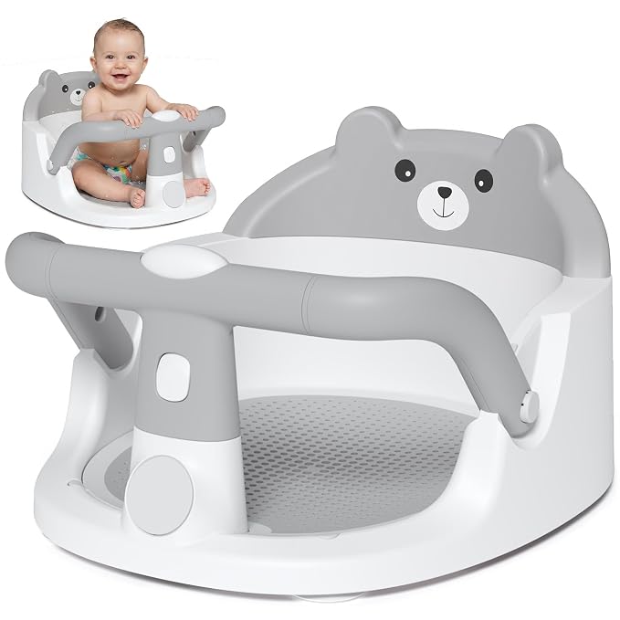Baby Bath Seat for Babies 6 Months & Up, Non-Slip Toddler Bath Seat with Suction Cup, Baby Friendly and Comfortable Portable Infant Bathtub Chair Sitting Up for Bathroom (Grey)