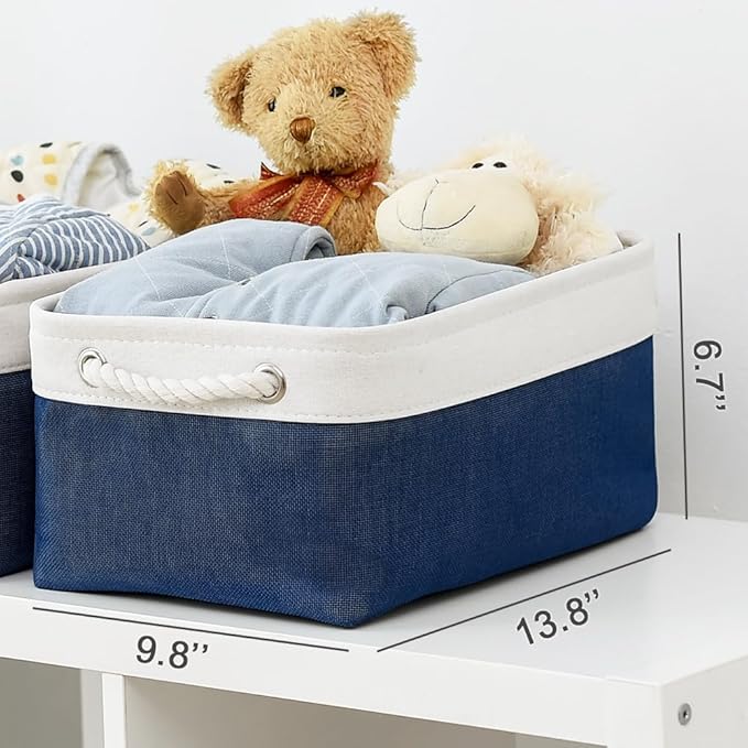 TheWarmHome Storage Basket for Organizing - Medium 3 Pack 14x10x7 inch Fabric Storage Cubes for Shelves with Rope, Collapsible Storage Bin for Organizer Closet Cloth Gift Toy (White & Jean Blue)