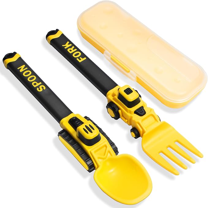Deinyi Construction Toddler Utensils - Reusable Plastic Toddler Fork and Spoon & Storage Case - Suitable for Kids Utensils - Easter Gifts and Birthday Gifts for 1 2 3 4 5 6 7 year old, Yellow