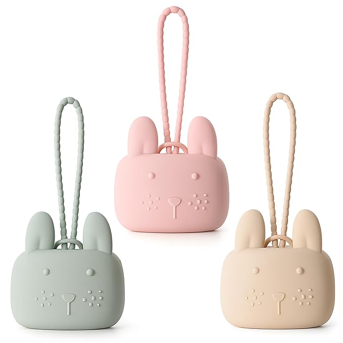ROCCED Pacifier Holder Case Silicone Bunny Design Pacifiers Pouch with Soft Silicone Strap, Travel Storage for Stroller & Diaper Bag, Pacifier Holder Pouch for Baby, Set of 3 Beige Dusty Green Pink