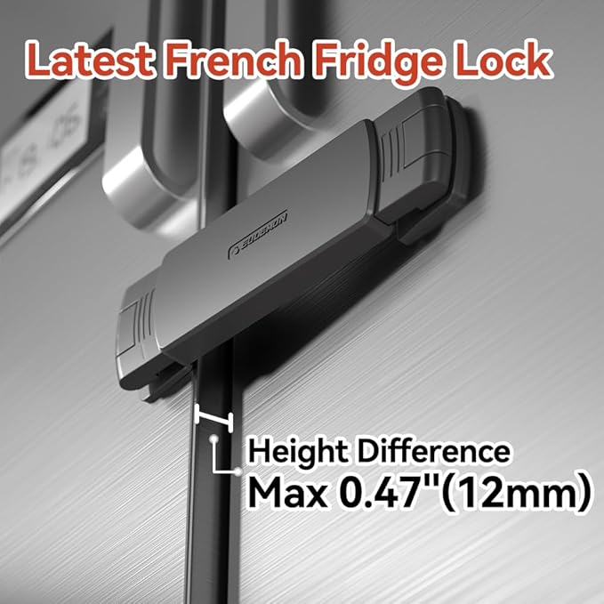 EUDEMON 2 Pack Latest French Fridge Lock French Door Refrigerator/Freezer Lock Apply to Max 3.54"(90mm) Two Door Gap Distance for Kids & Babies,Easy to Install no Tools Need or Drill (Black)
