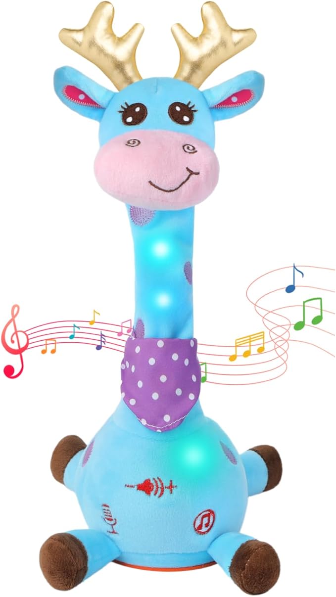 MILGEI Dancing Talking Giraffe Toy, Singing Musical Tummy Time Baby Toy with Volume Adjustment, 10 Children's Songs Light Up Toys, Repeating What You Say, Blue Giraffe Stuffed Animal for Girls Boys