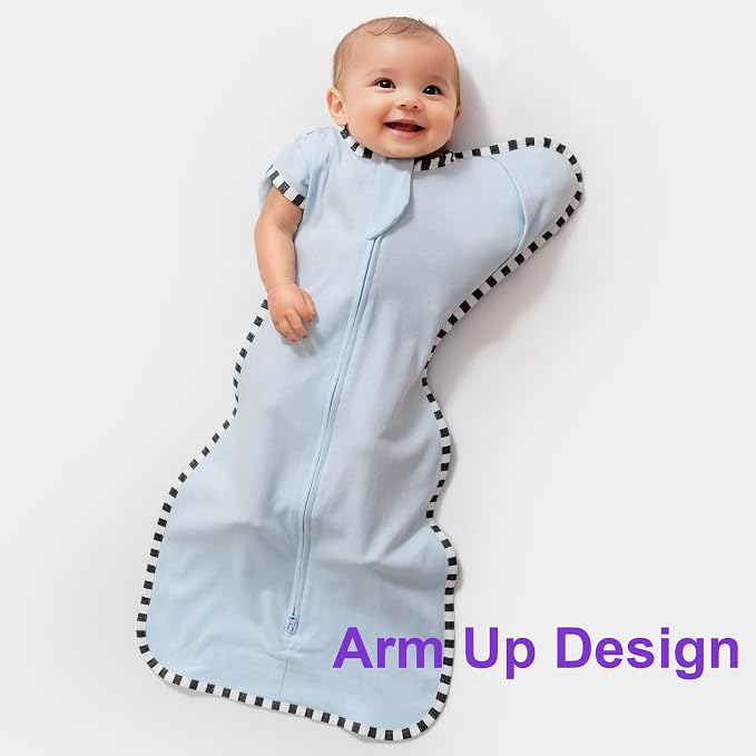Swaddle Blanket Sack 2-Pack, 100% Cotton Baby Sleep Sack, Arms Up Design with 2-Way Zipper, Breathable Newborn Swaddle for Boys Girls (Dark Blue + Baby Blue, Large 6-9 Months)