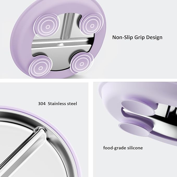 Bakpoco Stainless Steel Baby Plate with Suction, 9??Divided Toddler Plates with Removable Silicone Sleeves for Kids, Non-Toxic Non-Slip Unbreakable Dishwasher Safe Dinnerware Set of 2, Pink & Lilac