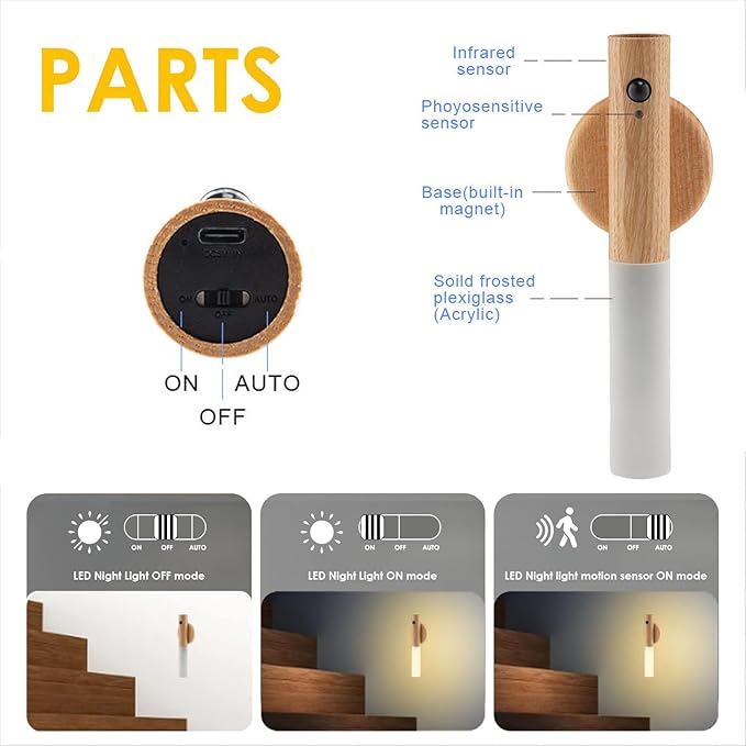 LANDGOO 1-Pack Magnetic Night Light with Motion Sensor, Ash Wood Cylindrical Rechargeable LED Lamp, White Light Only, Portable Bedside Light for Bedroom Nursery