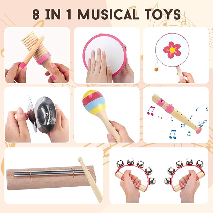 Toddlers Musical Instruments for 1 2 3 Year Old Girl,Baby Montessori Wooden Musical Toys for Toddlers1-3 Year Old,Kids Musical Toy for Preschool,Christmas Birthday Gift for Baby Girls (Pink 8 in 1)