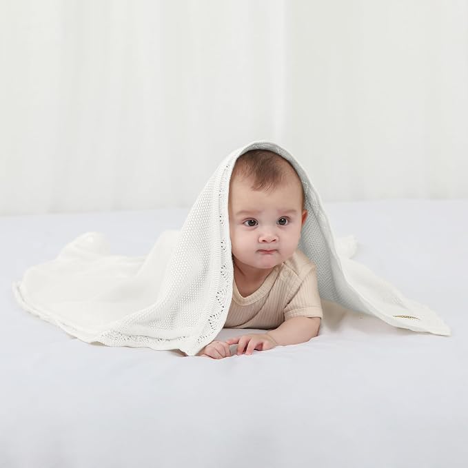 Knitted Baby Blanket for Boys & Girls, 100% Cotton Receiving Swaddle Crib Stroller Blanket for Shower Gift Registry for Newborns, Infants, Toddlers40 x31 Inches