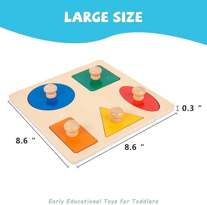 Montessori Toys for Babies 6-12 Months Wooden Shape Puzzles for Toddlers 1-3,Jumbo Knob Baby Puzzles for Easy Grasp,Color & Shape Sorter - Montessori Puzzle Preschool Learning Toys(5 Geometric Shape)