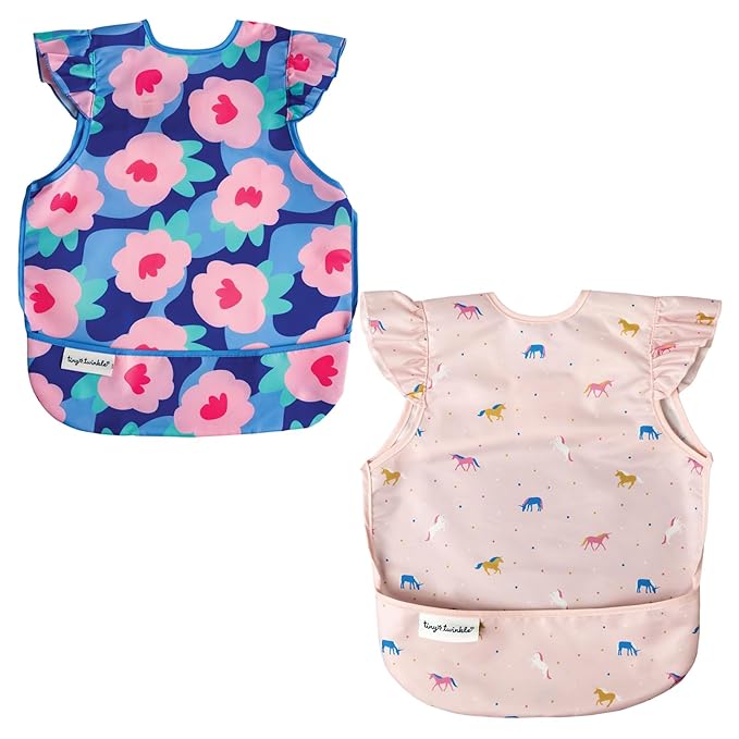 Tiny Twinkle Mess Proof Baby Bibs | 2 Pack Waterproof Toddler Bib for Eating | Baby Apron for Feeding, Machine Washable, Perfect Shower Gift (Blue Floral,Unicorn, 6??4M)