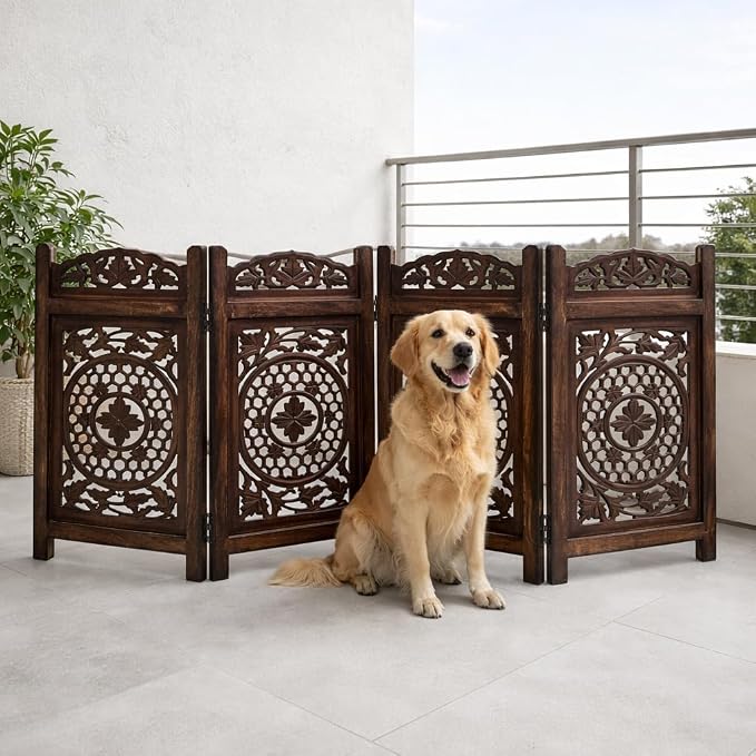 Pet Gate Indoor Foldable in Raise Wood-4 Panel Dog Safety Gate, 56" W x 28" H, Hand-Carved Solid Wood & MDF,Free Standing Portable Indoor Gate for Doorways,Halls, Stairs-Fully Assembled,Burnt