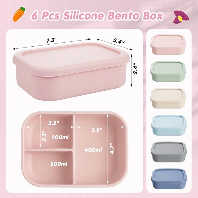 Layhit 6 Pcs Silicone Bento Box for Adults, 27 oz Bento Lunch Container Reusable Food Container for Women Men, Leak Proof Microwave Dishwasher Freezer Safe (3 Compartments,Morandi Colors)