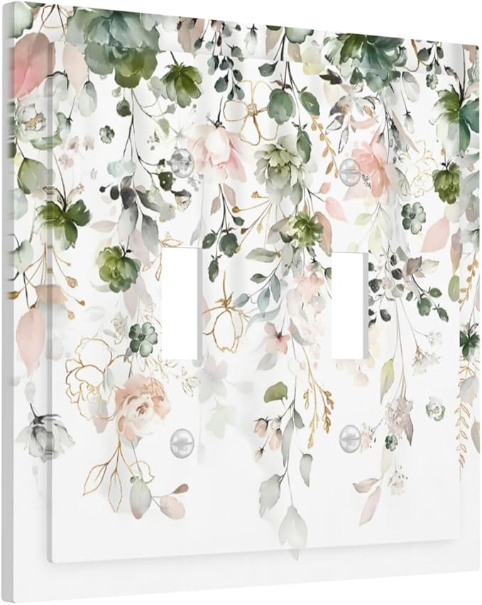 Green Pink Floral Flower Rustic Eucalyptus Leaves Wildflower Decorative Switch Plates 2 Gang Double Toggle Outlet Light Switch Cover Wall Plate Electrical Faceplate for Bedroom Living Room Decor