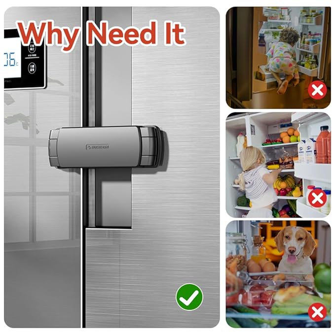 Mom's Choice Gold Awards Winner - EUDEMON 1 Pack Latest French Fridge Lock French Door Refrigerator/Freezer Lock Apply to Max 3.54"(90mm) Two Door Gap Distance for Kids & Babies,Easy to Install(Black)