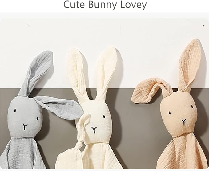 insular Bunny Lovey Blanket for Boys and Girls, Organic Cotton Muslin Security Blanket for Babies, Soft Breathable Lovie Soothing Towel for Newborn and Infant, 2 Pcs Set (Beige&Khaki)