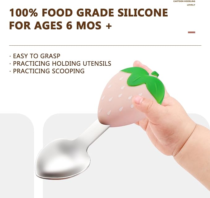 Toddler Utensils 4-Pack, Stainless Steel Toddler Forks and Spoons Set with Cute Mushroom& Strawberry Silicone Handles, Baby Kids Utensils, Children Safe Forks and Spoons Dishwasher Safe
