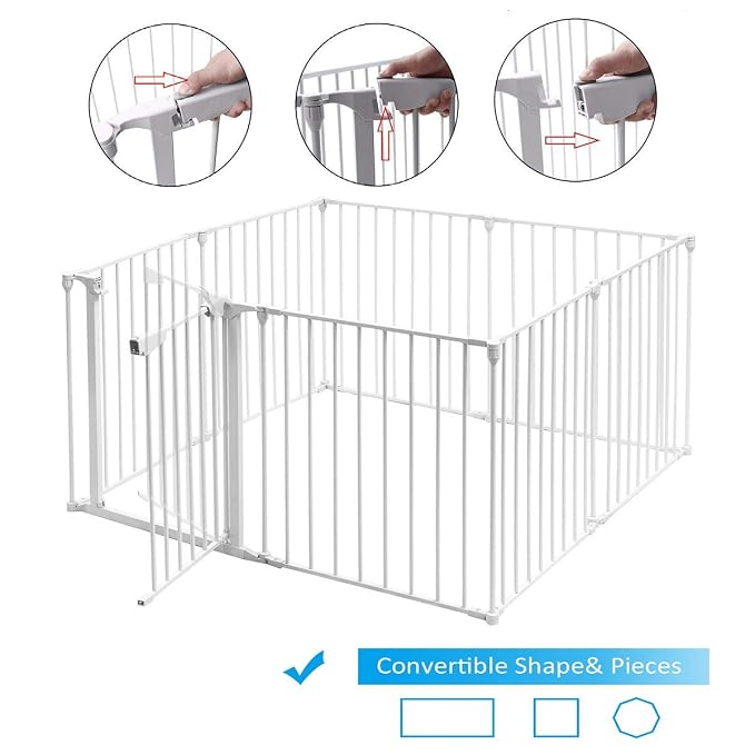 Costzon Baby Safety Gate, 181-Inch Extra Wide Fireplace Fence with Walk-Through Door in Two Directions, Add/Decrease Panels Directly, Wall-Mount Metal Gate for Pet & Child