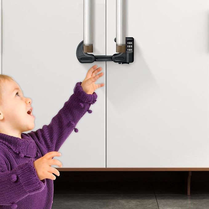 4 Pack U-Shaped Cabinet Locks with Combination Baby Proofing Cabinet Lock Child Proof Sliding Cabinet Door Locks Adjustable Drawers Cupboard Locks Baby Safety Cabinet Latches for Knob Handle (Black)