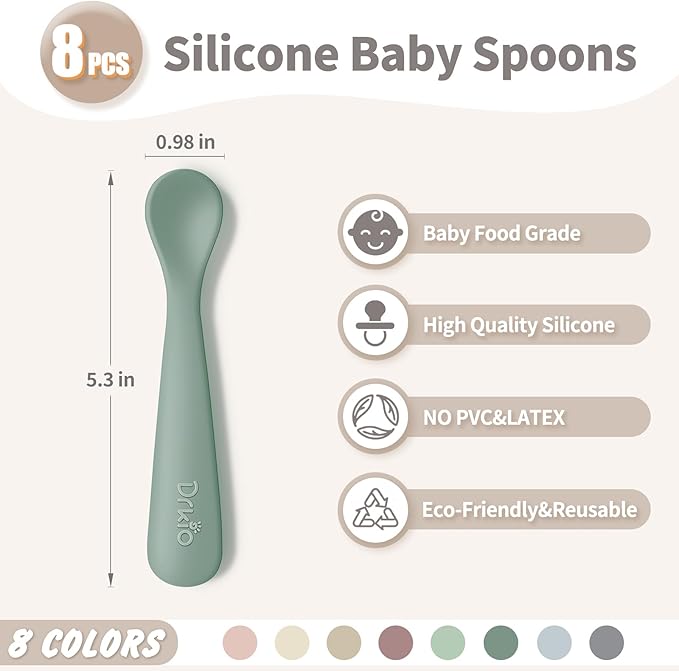 DRKIO 8-Piece Silicone Baby Spoons - Infant Spoons First Stage Self Feeding Baby Led Weaning Supplies Toddler Training Utensils Soft Chewable-Tip BPA-Free Dishwasher Safe Boil-proof
