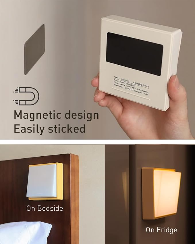 Smilodon Rechargeable Night Light, Dimmable Warm Nightlight, Wireless Portable, 30 Minutes Timer, Magnetic to Wall Fridge Shelf, for Bedroom, Hallway, Bathroom, Yellow, Small, SNL-7Y