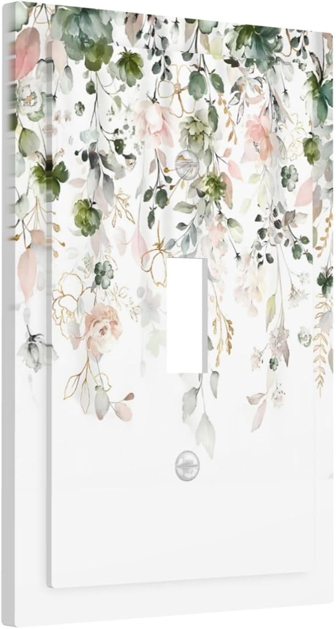 Green Pink Floral Flower Rustic Eucalyptus Leaves Wildflower Decorative Light Switch Cover 1 Gang Single Toggle Device Electrical Faceplate Switchplates Decorator Outlet Wall Plate for Bedroom Home