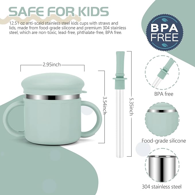 Upgrade Stainless Steel Baby Sippy Cups, 7.4 Oz Spill Proof Toddler Straw Cups, 3 Stages Training Cup for Toddlers 1-3 Year, Kid Cups with Silicone Sheel and Straws, 4 Colors (Pink+Green+Beige+Brown)