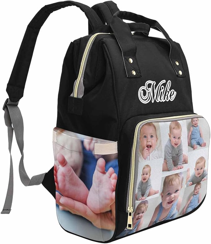 M YESCUSTOM Custom Diaper Bag with Name & Photos for Women Mom Dad, Personalized Black Diaper Backpack with Text Waterproof Nappy Mommy Daypack Bags for Mother's Day New Born Gift