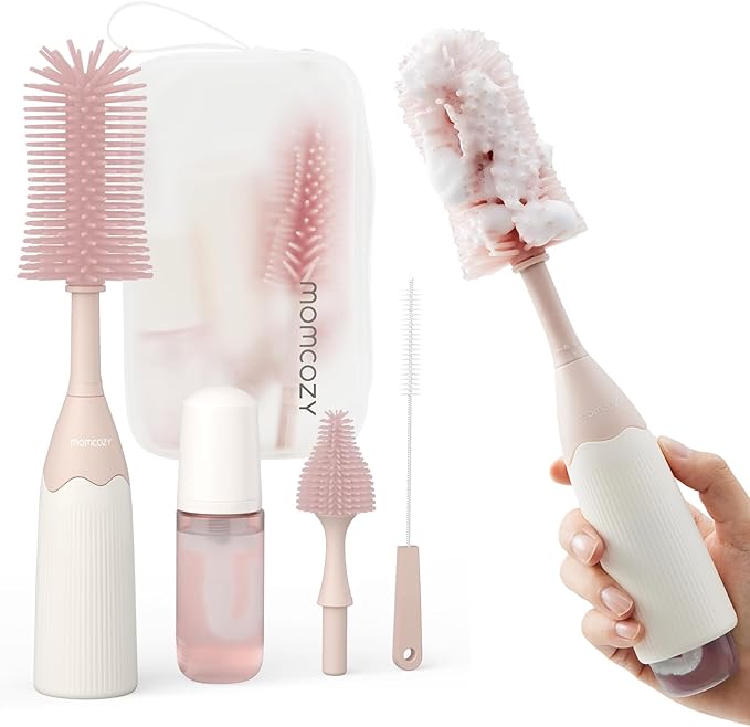 Momcozy Bottle Brush Kit with Push-Press Foam Design - Newborn Essentials Gift, Portable Cleaning Tool for Home & Travel, Baby Bottle Cleaner Brush for Breast Pumps & Nipples, Pink